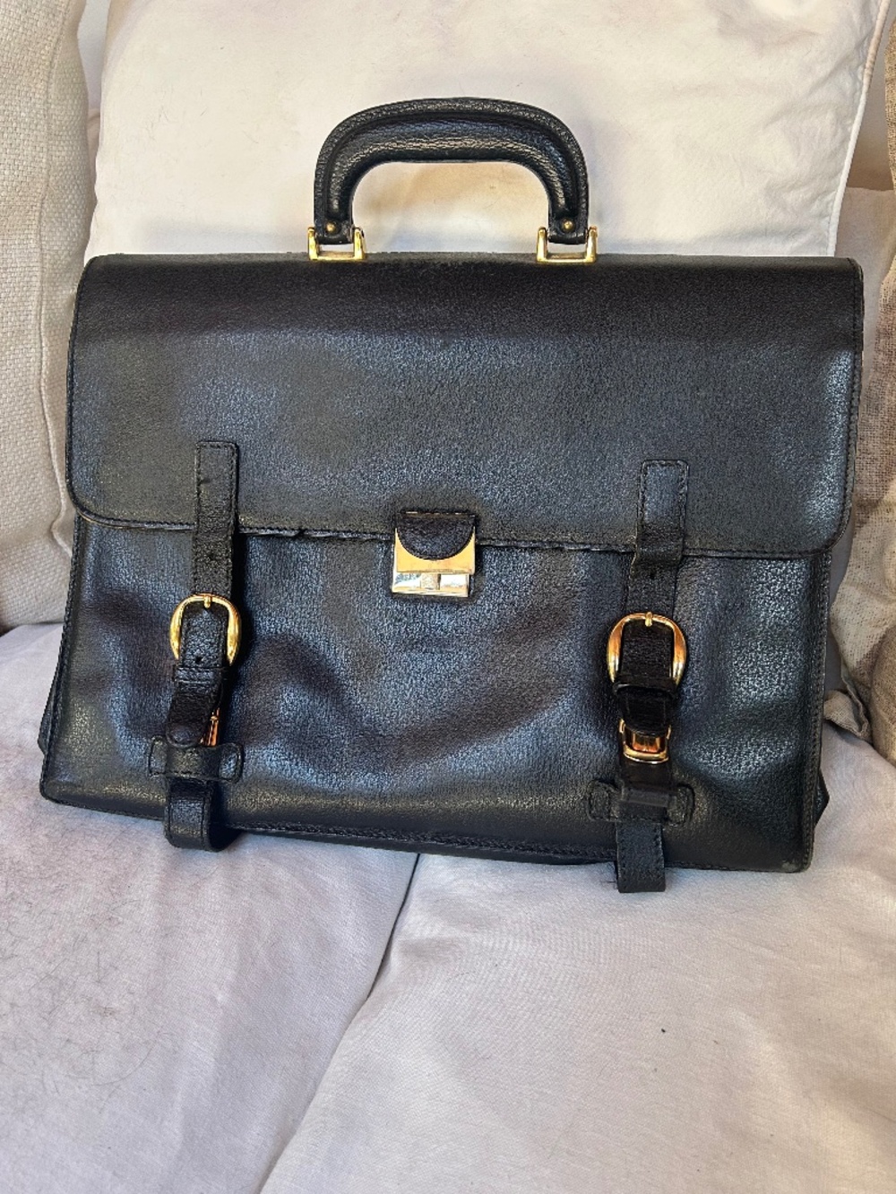 Gucci black all weather leather top handle gold briefcase bag vintage ITALY 17x1
